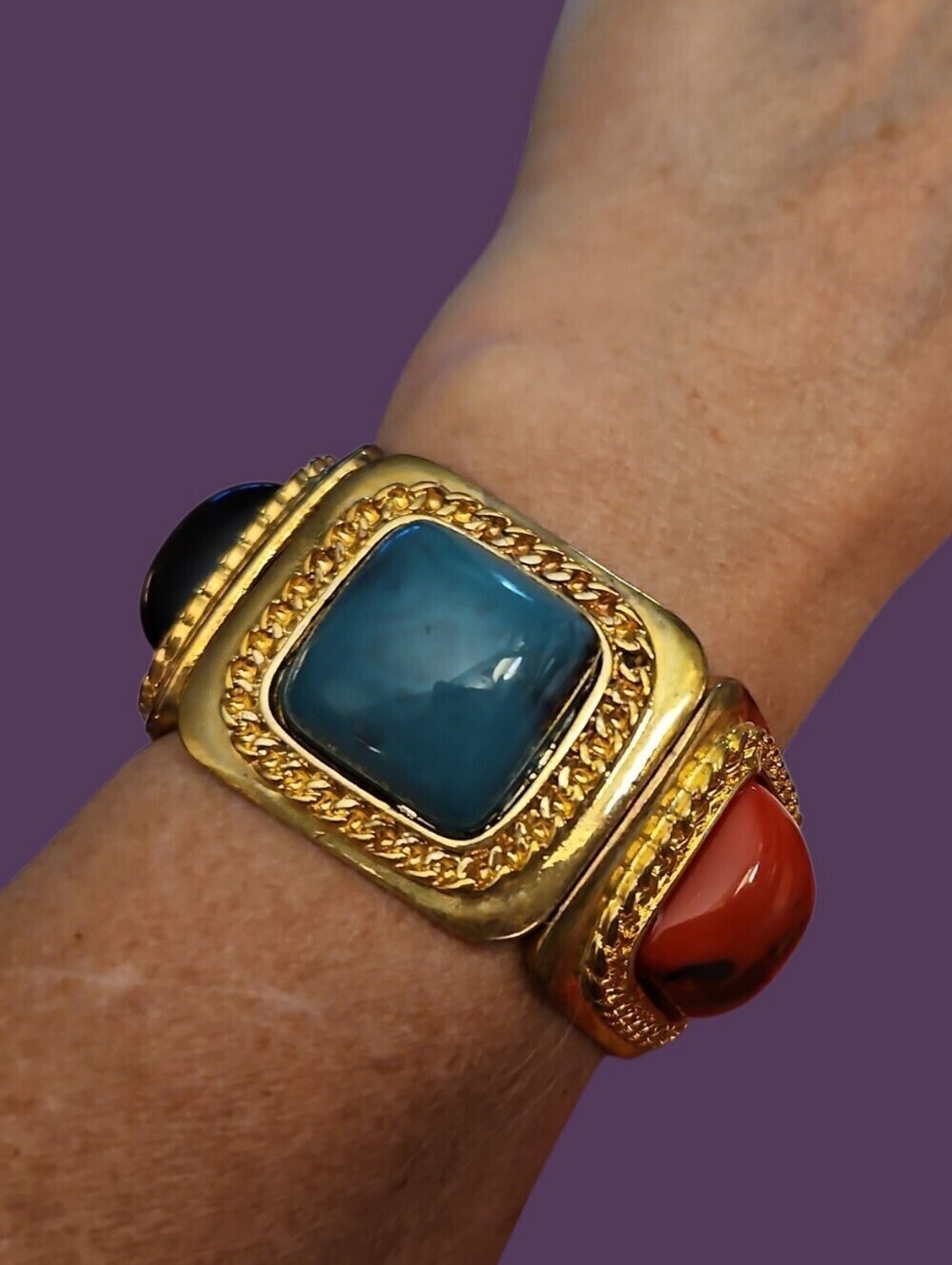 Vintage 1980s Colorful Medieval Byzantine Style Chunky Square Stretch Bracelet